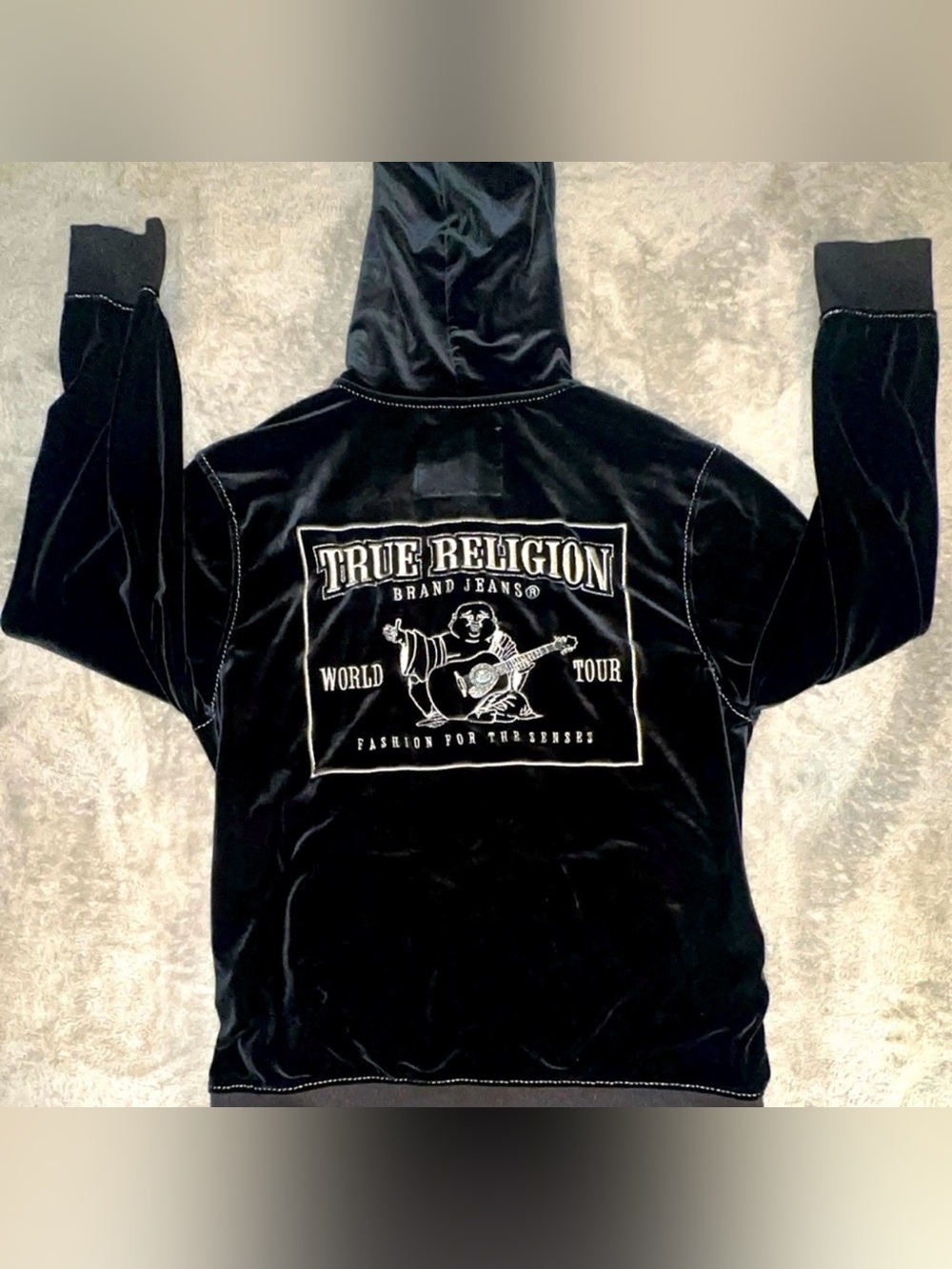 True Religion Black Velour Hoodie Jacket with World Tour Back Patch